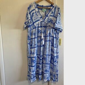 Blue & White Printed Maxi Dress with Tassel Tie